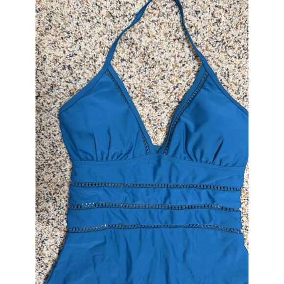 Tempt Me Womens Teal Blue Deep V Halter One-Piece Swimsuit Lace Cutout Detail M - Picture 4 of 9